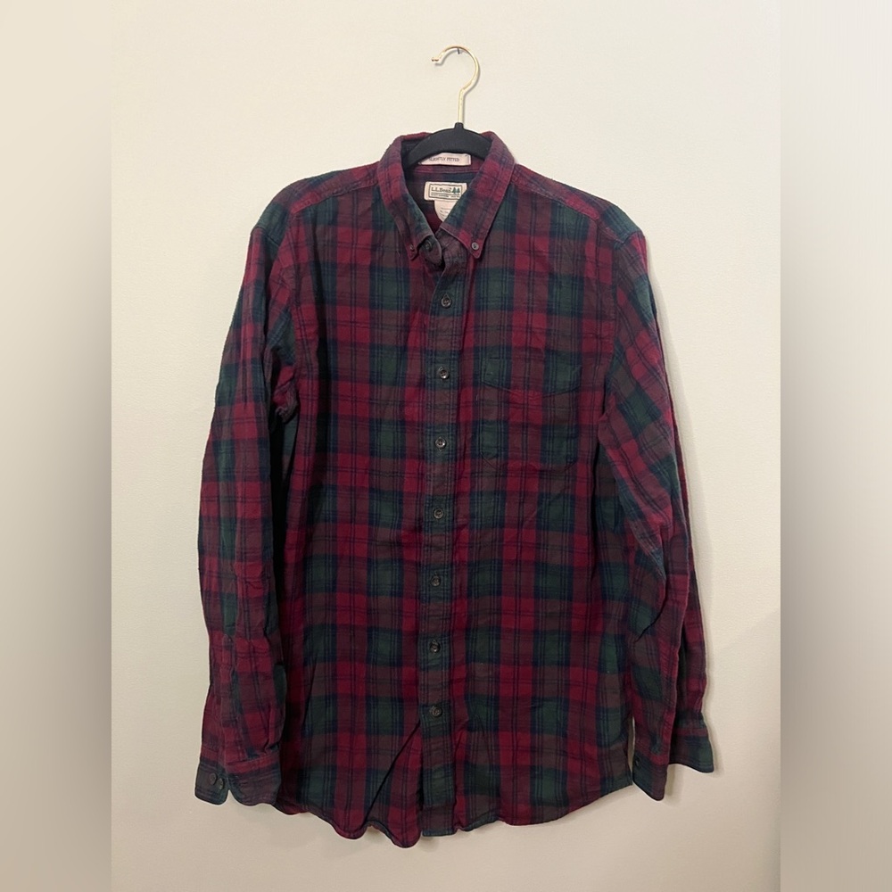 L.L. Bean Plaid Flannel Slightly Fitted Green Red Men Medium Tall